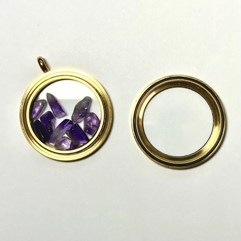 Round Gold tone Twist Screw Stainless Steel Floating Locket Pendant. - Picture 3 of 6